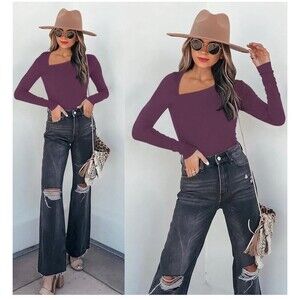 REORIA Asymmetrical Neck Bodysuit Women’s Size M Plum Thong Stretchy NWOT